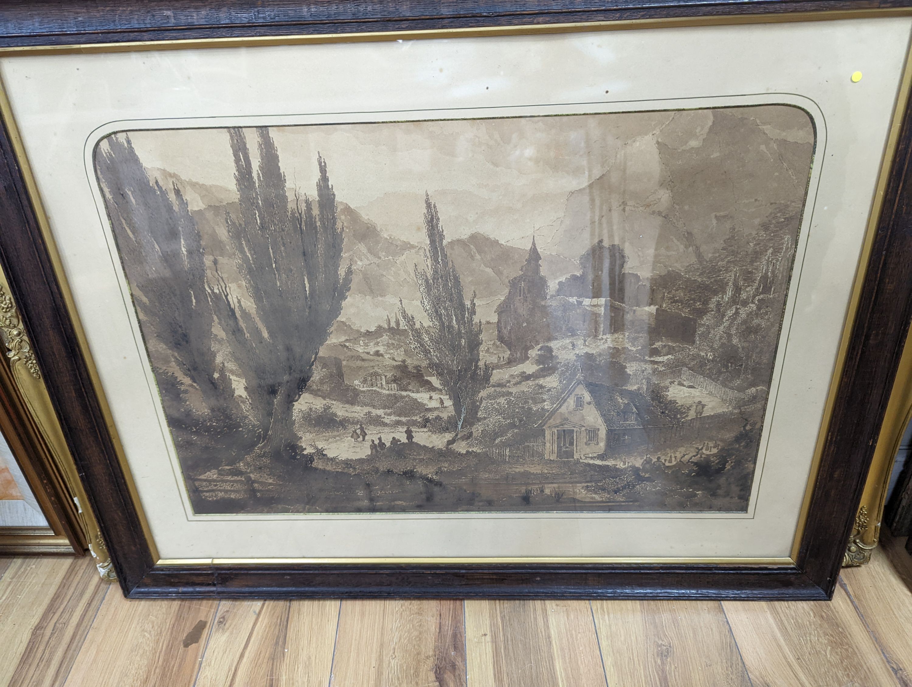 After Turner, watercolour, Artist beside a woodland stream, bears signature, 51 x 77cm, a monochrome print of figures in an Italian valley and a colour print of a village scene